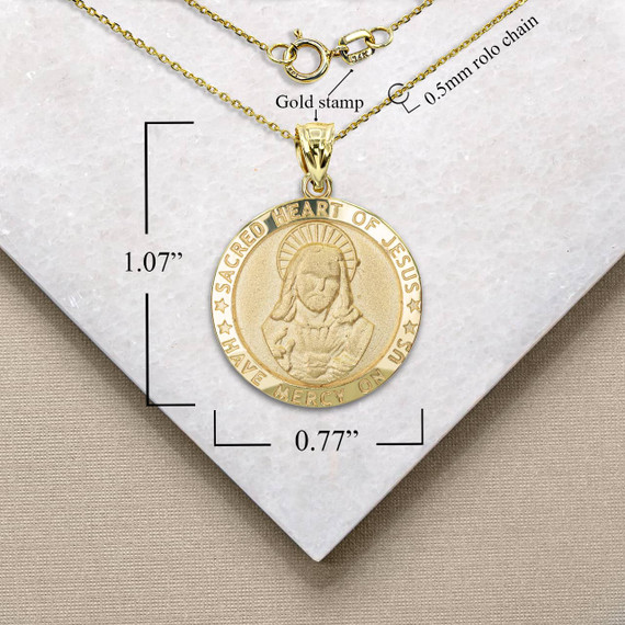 Yellow Gold Religious Jesus Christ Our Lord and Savior Sacred Heart Coin Pendant Necklace with Measurement