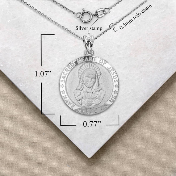 .925 Sterling Silver Religious Jesus Christ Our Lord and Savior Sacred Heart Coin Pendant Necklace with Measurement