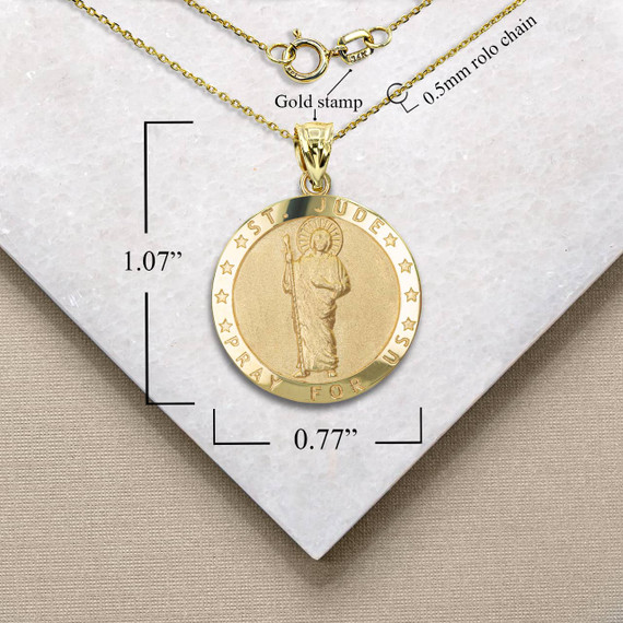 Yellow Gold Divine Saint Jude Guardian Coin Pendant Necklace with Measurement