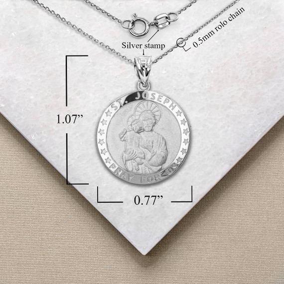 .925 Sterling Silver Divine Saint Joseph Guardian Coin Pendant Necklace with Measurement