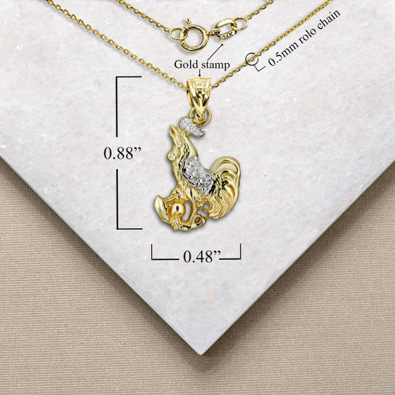 Two Tone Gold Chinese Lunar New Year of the Rooster with Diamonds Pendant Necklace with Measurement