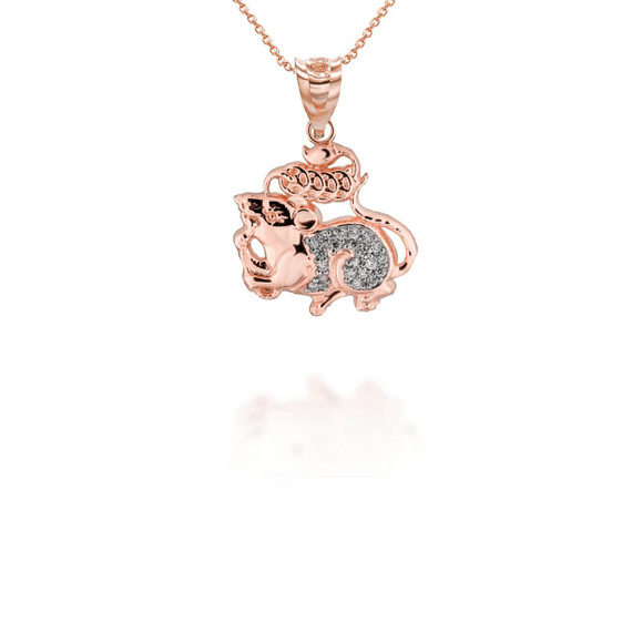 Two Tone Rose Gold Chinese Lunar New Year of the Rat with Diamonds Pendant Necklace