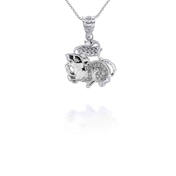 White Gold Chinese Lunar New Year of the Rat with Diamonds Pendant Necklace