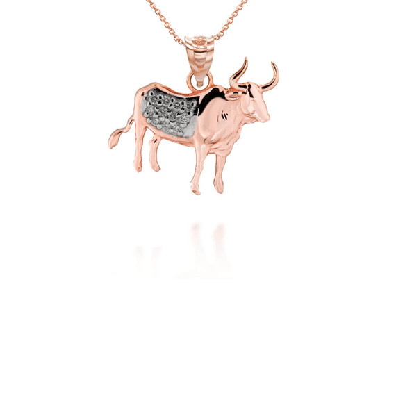 Two Tone Rose Gold Chinese Lunar New Year of the Ox with Diamonds Pendant Necklace