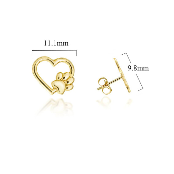 Yellow Gold Dog Paw Heart Stud Earrings with Measurement