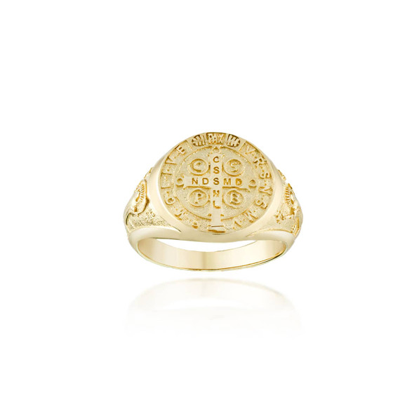 Yellow Gold Religious Saint Benedict Patron Saint of Education Medallion Ring