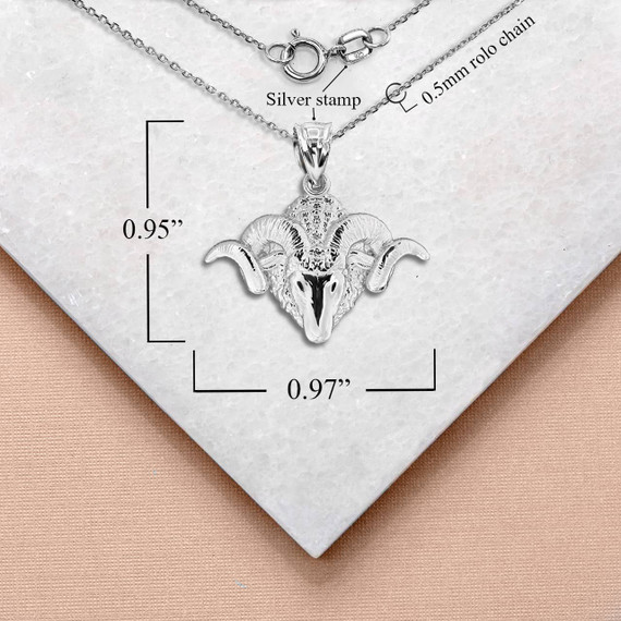 Silver Ram Head Bighorn Mountain Sheep Pendant Necklace with Measurement