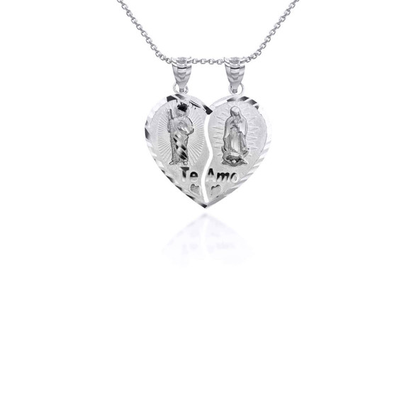 Silver SaiSaint Jude and Our Lady of Guadalupe Te Amo Breakable Heart Pendant Necklace