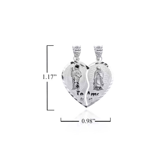 Silver Saint Jude and Our Lady of Guadalupe Te Amo Breakable Heart Pendant with Measurement