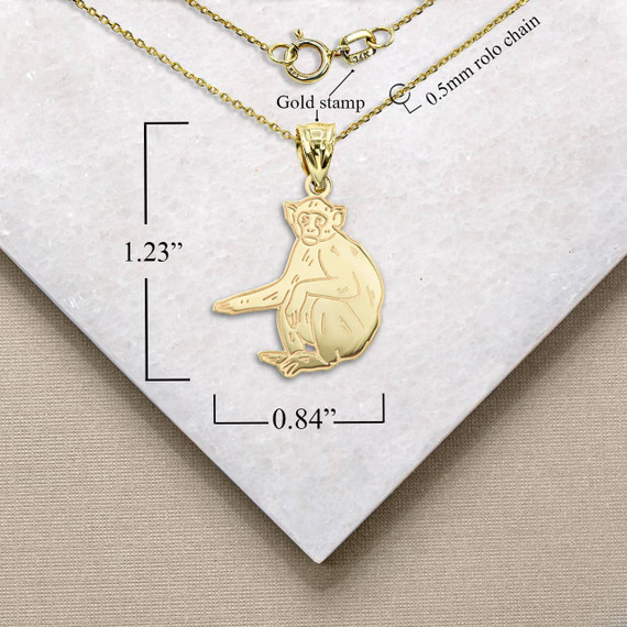 Yellow Gold Monkey Symbol of Intelligence Pendant Necklace with Measurement