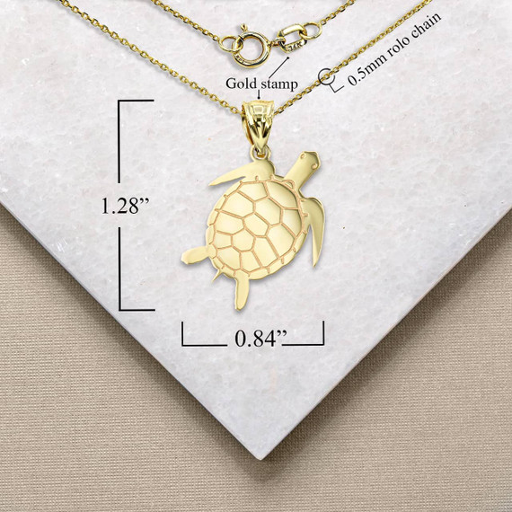 Yellow Gold Turtle Symbol of Wisdom Pendant Necklace with Measurement