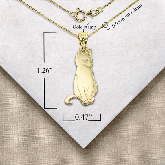 Yellow Gold Cat Symbol of Independence Pendant Necklace with Measurement
