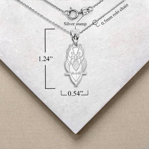 Silver Owl Symbol of Wisdom Pendant Necklace with Measurement 