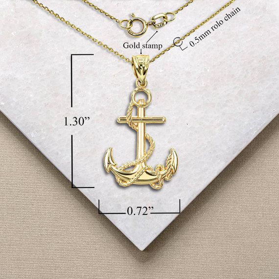 Yellow Gold Nautical Anchor and Rope Pendant Necklace with Measurement