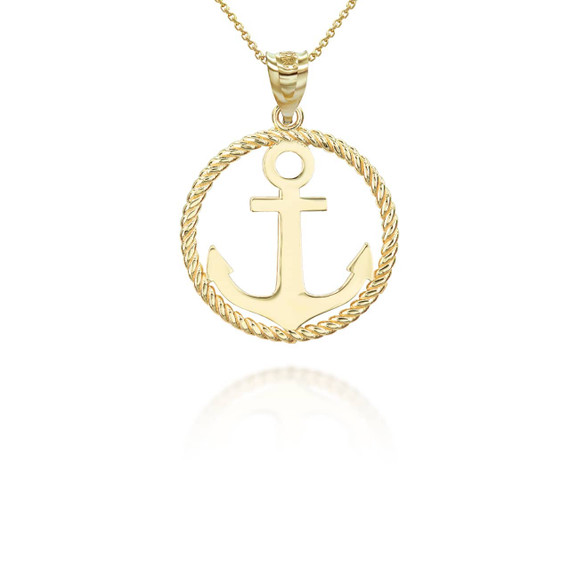 Yellow Gold Roped Circle Anchor Pendant Necklace