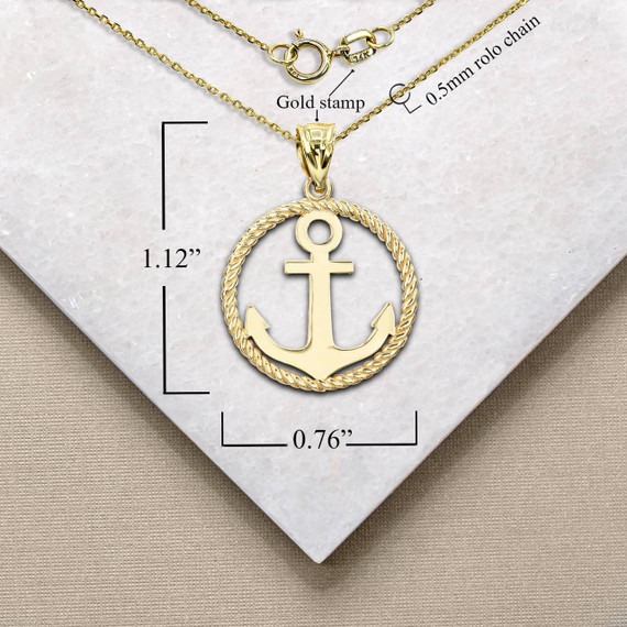 Yellow Gold Roped Circle Anchor Pendant Necklace with Measurement