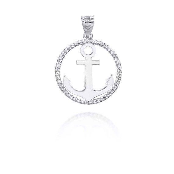 White Gold Roped Circle Anchor Pendant