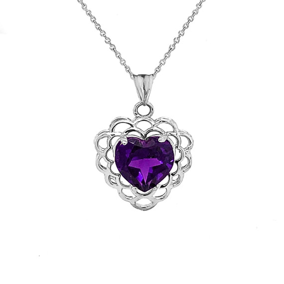 Genuine Amethyst Filigree Heart-Shaped Pendant Necklace in Sterling Silver