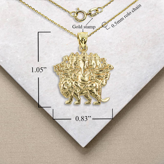 Yellow Gold Lord Ganesha Hindu Elephant God Pendant Necklace with Measurement