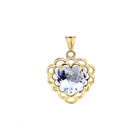 March Birthstone Filigree Heart-Shaped Pendant Necklace in Gold (Yellow/Rose/White)