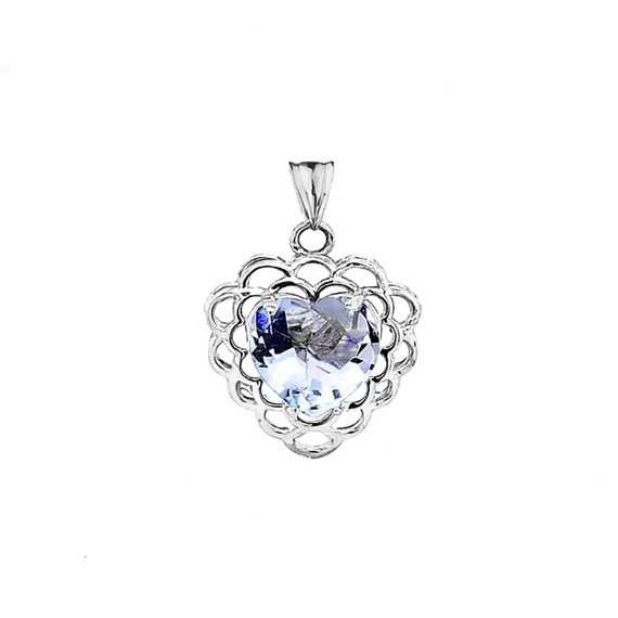 March Birthstone Filigree Heart-Shaped Pendant Necklace in Sterling Silver