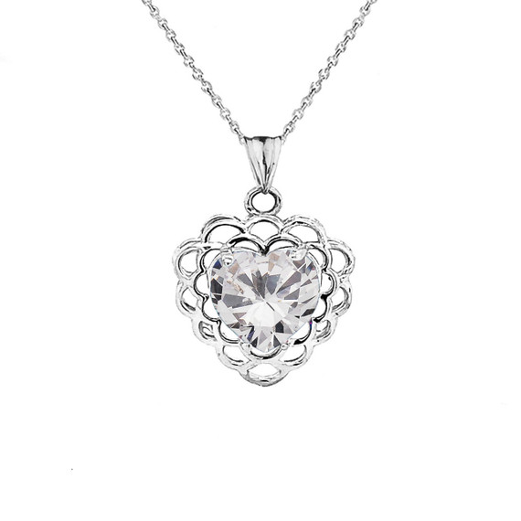 April Birthstone Filigree Heart-Shaped Pendant Necklace in Sterling Silver