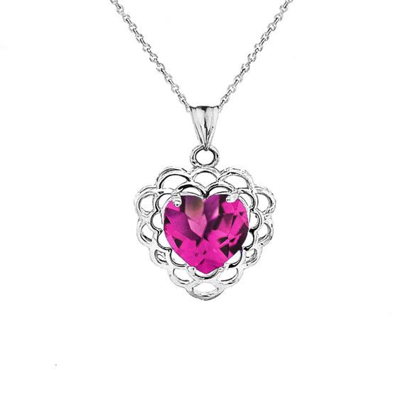 June Birthstone Filigree Heart-Shaped Pendant Necklace in Sterling Silver