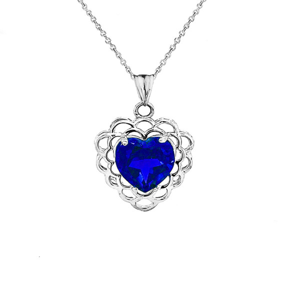 September Birthstone Filigree Heart-Shaped Pendant Necklace in Sterling Silver