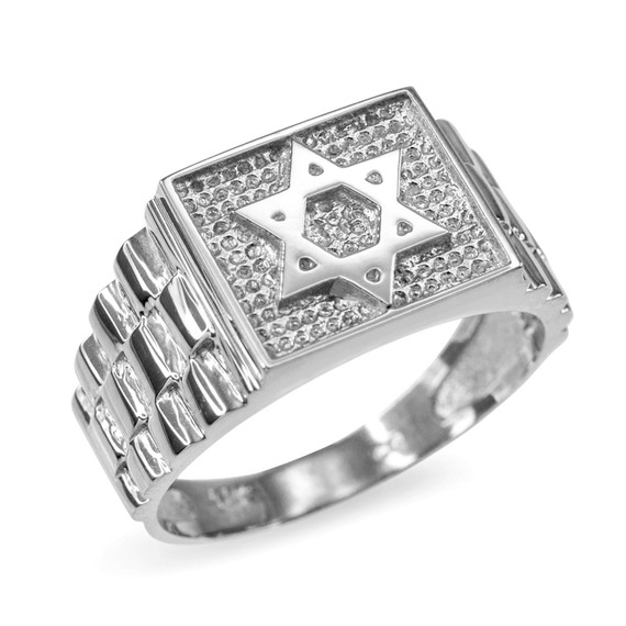 White Gold Jewish Star of David Watchband Ring