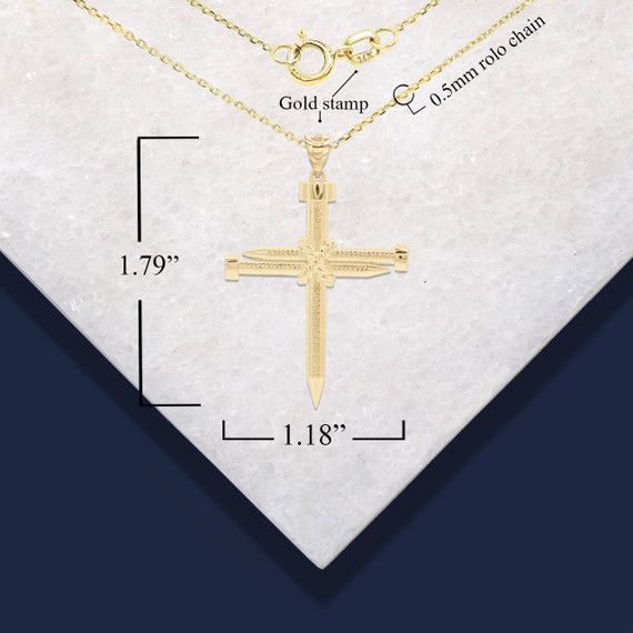 Yellow Gold Knotted Nail Cross Small Pendant Necklace with Measurement