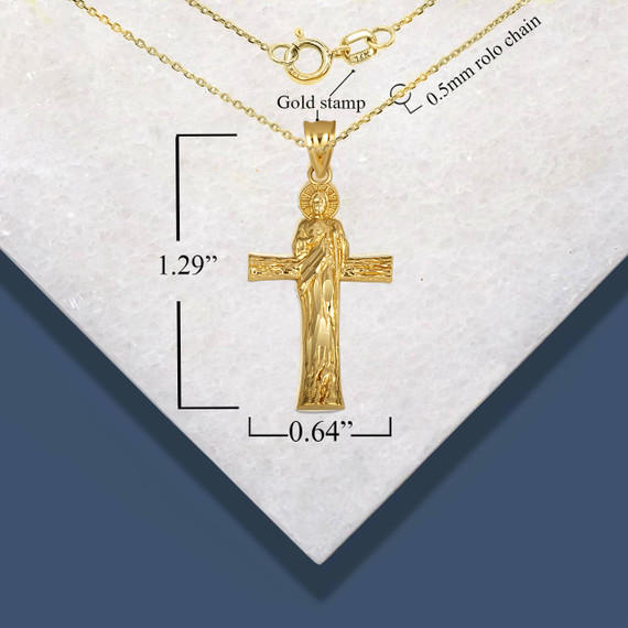 Gold Saint Jude Patron Saint of Hope Cross Pendant Necklace with measurements