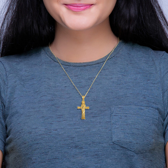 Gold Saint Jude Patron Saint of Hope Cross Pendant Necklace on female model
