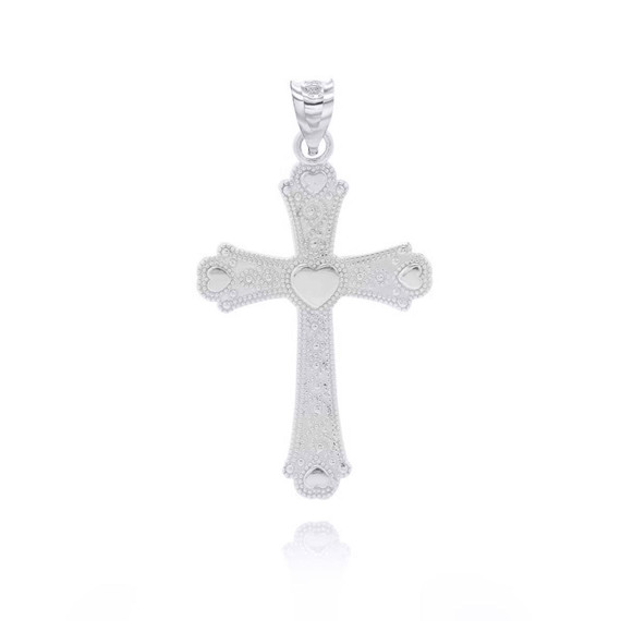 White Gold Beaded Filigree Heart Cross Pendant