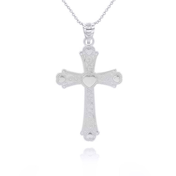Silver Beaded Filigree Heart Cross Pendant Necklace
