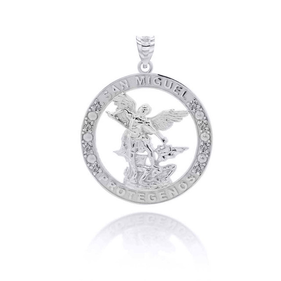 White Gold Custom Cubic Zirconia Patron Saint Round Pendant