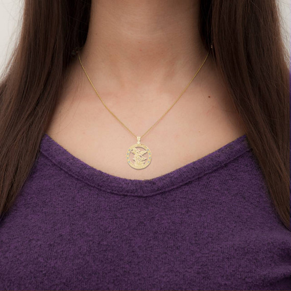 Yellow Gold Custom Cubic Zirconia Patron Saint Round Pendant Necklace on Female model