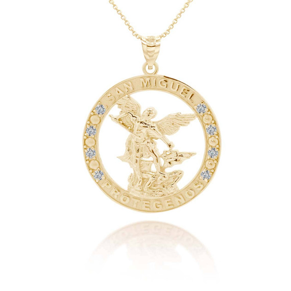 Yellow Gold Custom Cubic Zirconia Patron Saint Round Pendant Necklace
