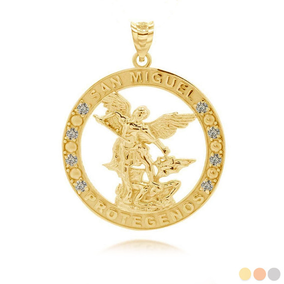 Gold Custom Cubic Zirconia Patron Saint Round Pendant