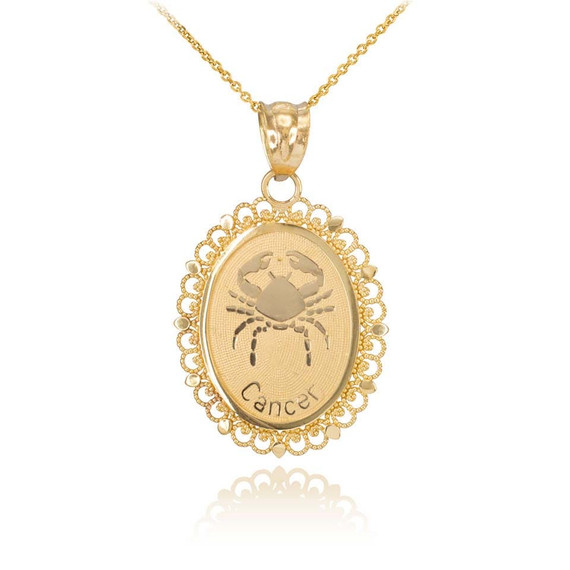 Gold Filigree Oval Cancer Pendant Necklace