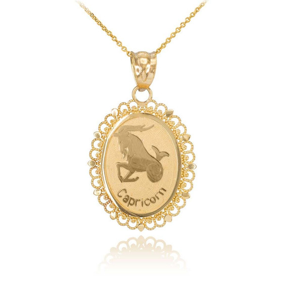 Gold Filigree Oval Capricorn Pendant Necklace