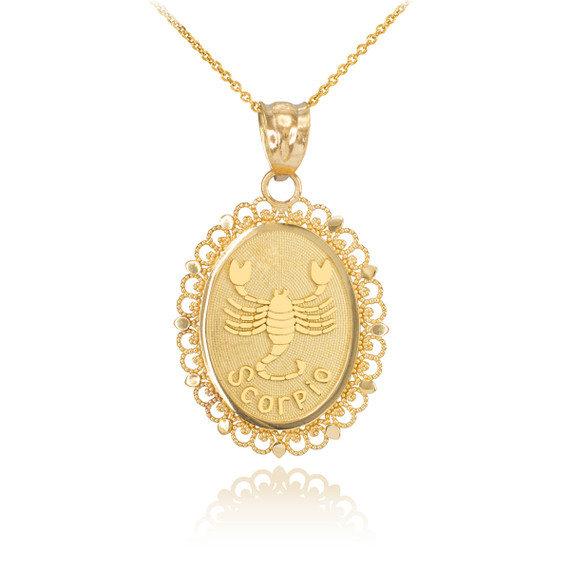 Gold Filigree Oval Scorpio Pendant Necklace