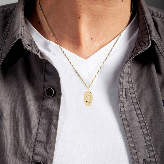 Yellow Gold Saint Guadalupe Illuminated Pendant Necklace on Male Model