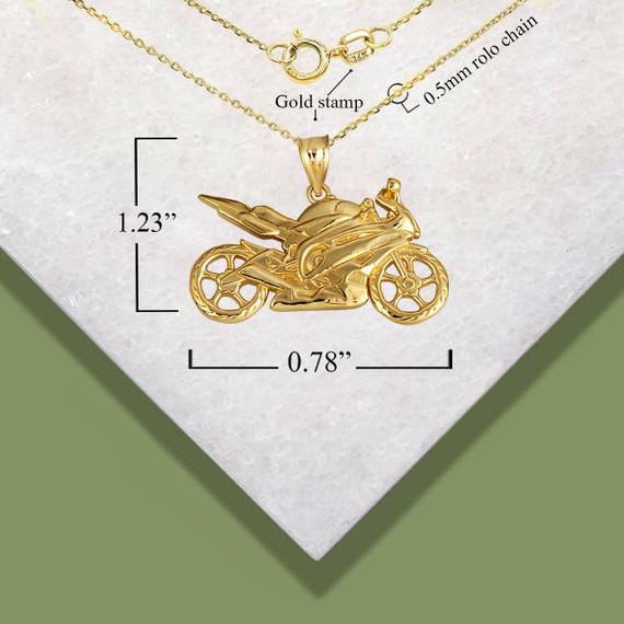 Yellow Gold Motorcycle Biker Freedom Ride Pendant Necklace with measurements