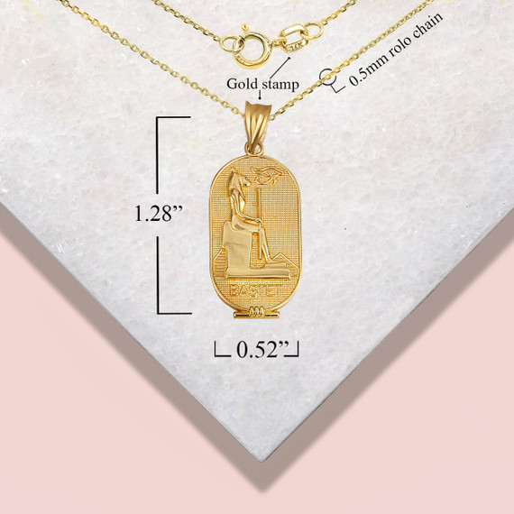 Yellow Gold Beaded Egyptian Goddess Bastet Oval Medallion Pendant Necklace with measurements