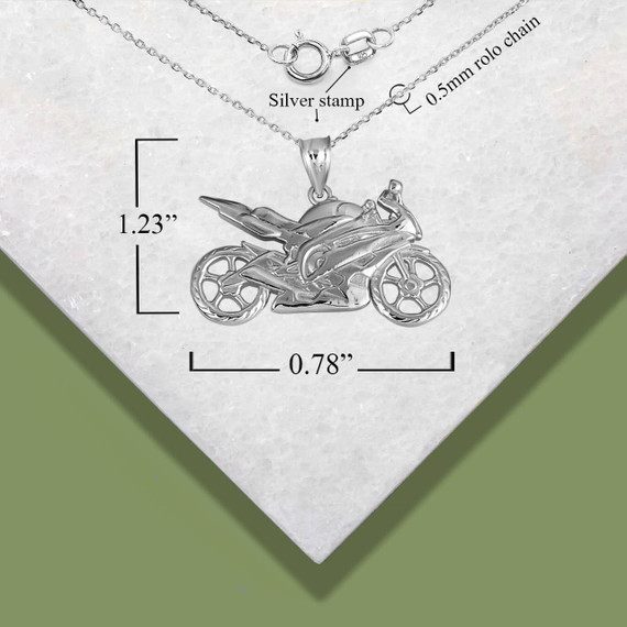 .925 Sterling Silver Motorcycle Biker Freedom Ride Pendant Necklace with measurements