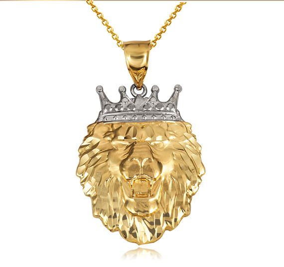 Gold Royal Crowned Lion King of the Jungle Pendant Necklace (Available in Yellow/Rose/White Gold)