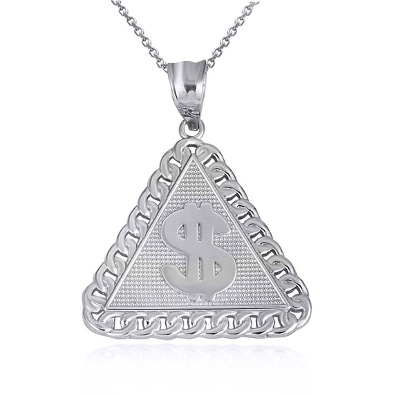 Silver Dollar Sign Cuban Linked Hammered Triangle Pendant Necklace
