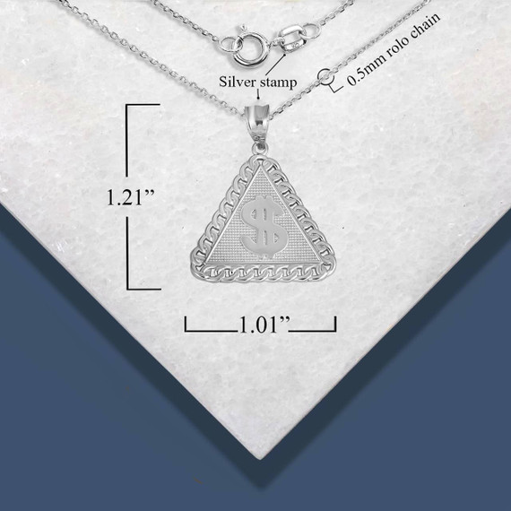 Silver Dollar Sign Cuban Linked Hammered Triangle Pendant Necklace with measurements