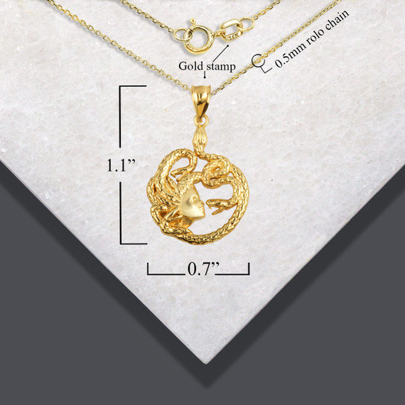 Gold Greek Myth Medusa Divine Power of Femininity Pendant Necklace with measurements