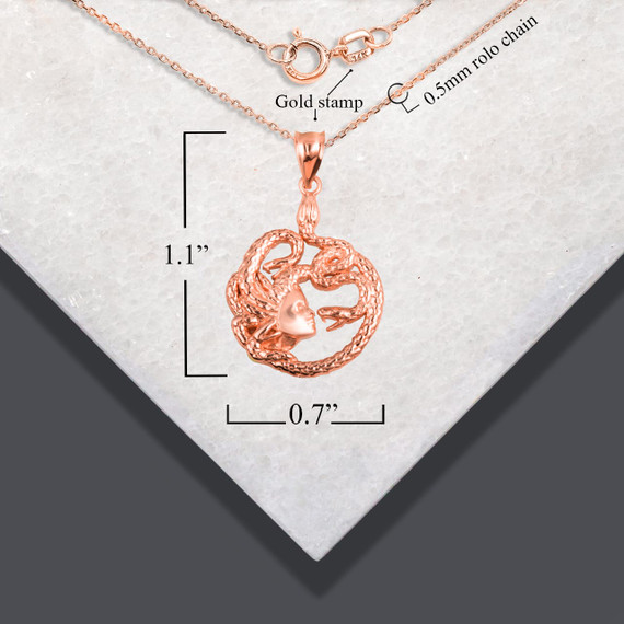 Rose Gold Greek Myth Medusa Divine Power of Femininity Pendant Necklace with measurements